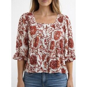 NICOLE MILLER 55% LINEN 45% RAYON RED FLORAL 3/4 SLEEVE SHIRT BLOUSE TOP SIZE M